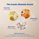 Mustela No-Rinse Cleansing Water scent notes: top note citrus zest, heart note floral, base note soft & musky; includes safety information.