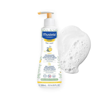 Mustela Nourishing Cleansing Gel for hair and body with cold cream and a dollop of foam.