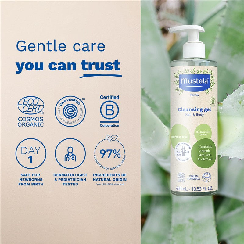 Cleansing gel for hair and body by Mustela, featuring olive oil and aloe, with key certifications and details.