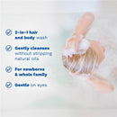 Mustela Organic Cleansing Gel bottle with text highlighting its uses for hair and body, gentle cleansing, and suitability for newborns.