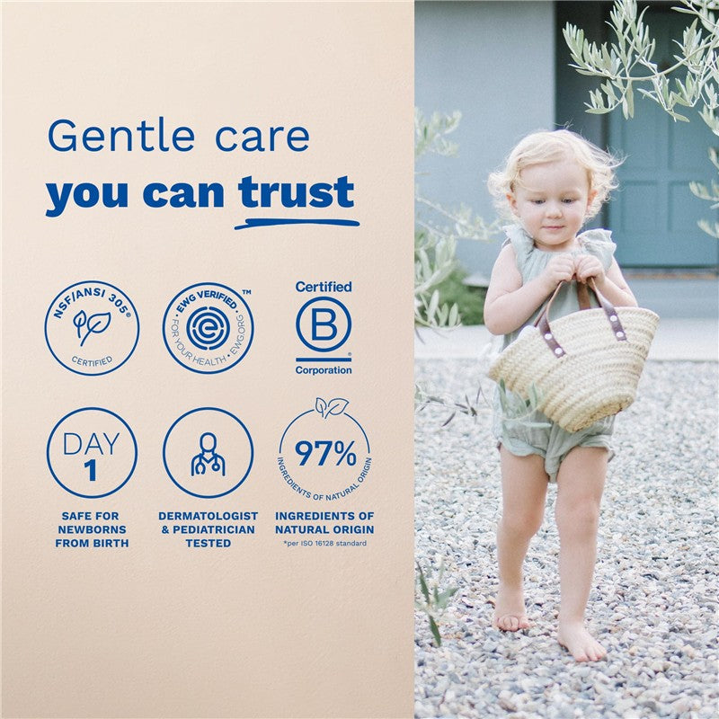 Mustela Organic Micellar Water with Olive Oil and Aloe; features a child holding a basket, promoting gentle care for newborns.