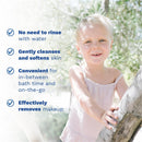 Mustela Organic Micellar Water features a young child outdoors, highlighting benefits like no rinse necessary, gentle cleansing, and makeup removal.