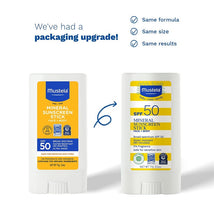 Mustela SPF 50 Mineral Sunscreen Stick - 0.6 oz, showing old and new packaging with notes on formula, size, and results.