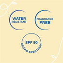 Water-resistant, fragrance-free, SPF 50, broad-spectrum labels for Mustela SPF 50 Mineral Sunscreen Stick.