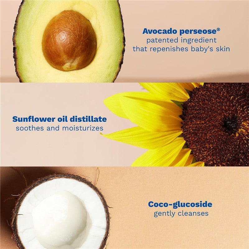 Mustela Stelatopia Foam Shampoo, highlighting key ingredients: avocado perseose, sunflower oil distillate, and coco-glucoside.