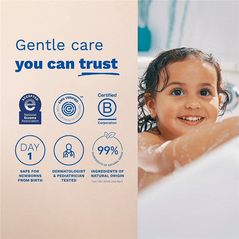 Mustela Stelatopia Foam Shampoo packaging with a smiling child in a bath, displaying care certifications and features.
