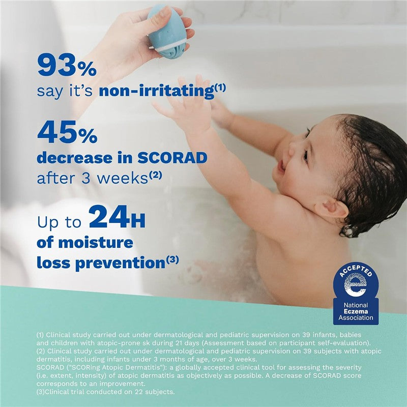 Mustela Stelatopia Foam Shampoo, 5.07 fl oz, held above a baby in a bath, features claims of non-irritation and moisture retention.