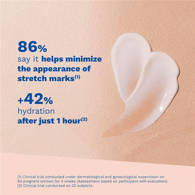 Mustela Stretch Marks Cream 3 in 1, shown with product details emphasizing 86% effectiveness in minimizing stretch marks and 42% hydration after one hour.