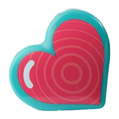 Heart-shaped baby heartbeat recorder featuring a pink and turquoise design with concentric circles.
