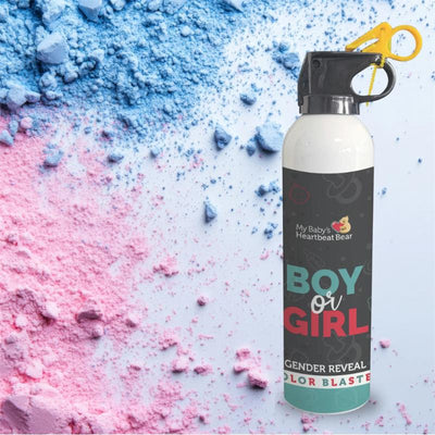 Color blaster for gender reveal, featuring blue and pink powder with the label “Boy or Girl - Gender Reveal Color Blaster.”