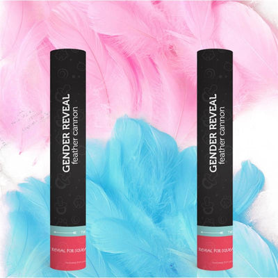 Two gender reveal feather cannons, one with pink and one with blue feathers, set against pastel feather backgrounds.