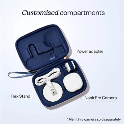 Travel case for Nanit Pro camera in blue, featuring customized compartments with a power adapter, flex stand, and cable.