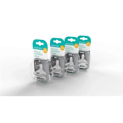 Two packs of NanoBebe 360° double vented nipples in different flow rates, labeled for age ranges with “Because nutrients matter.”