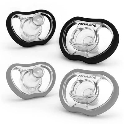Four black and gray Nanobebe Flexy Active Baby Pacifiers designed for infants aged 4 to 36 months.