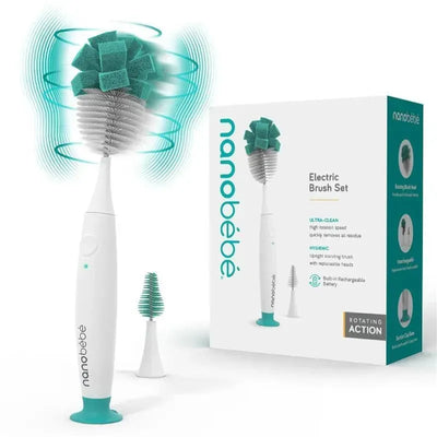 Electric bottle cleaning brush set by Nanobebe, featuring a rechargeable brush with rotating action and replaceable heads.