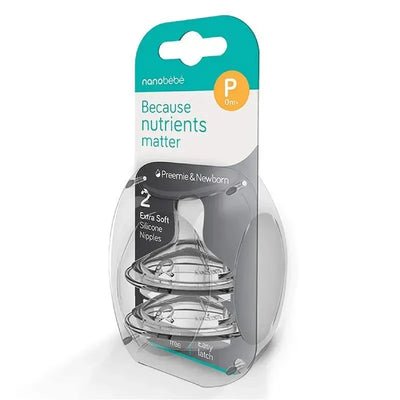 Nanobebe Silicone Nipples twin pack for preemies, featuring extra soft silicone, promoting easy latch.
