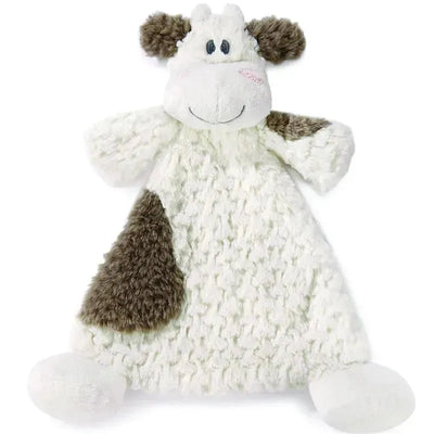 Soft, plush rattle blankie designed as a cow with a smiling face, textured body, and contrasting brown patches.