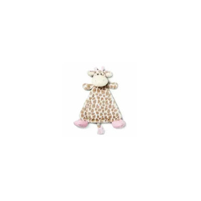 Soft pink giraffe rattle blankie with a spotted body and pink paws, perfect for comforting infants.