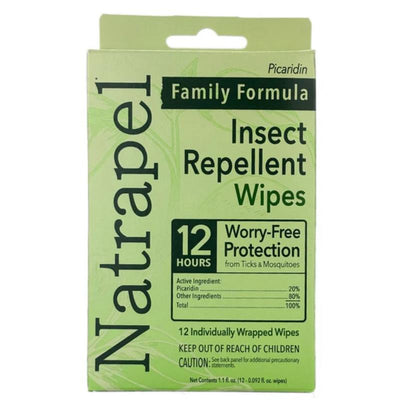 Natrapel insect repellent wipes package, featuring 12 individually wrapped wipes for 12 hours of protection from ticks and mosquitoes.