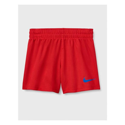 Red mesh shorts for boys by Nike with elastic waistband and blue logo on the lower left side.