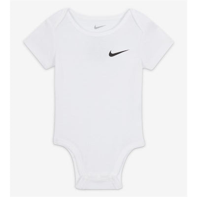 White Nike baby bodysuit featuring a black Nike logo, designed for newborns with short sleeves and a snap closure.