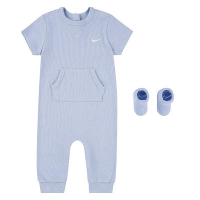 Nike baby romper in cobalt bliss color with short sleeves, front pocket, and matching booties.