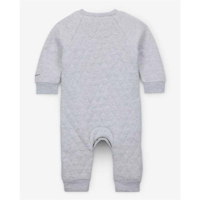 Kids gray coverall with a quilted texture and ribbed cuffs, ideal for warmth and comfort. Features Nike logo on sleeve.