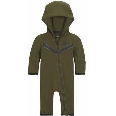 Kids green fleece coverall from Nike featuring a hood, full zipper, and contrasting black trim.