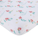 Disney Ariel-themed crib sheet featuring watercolor illustrations of Ariel and Flounder on a white background.