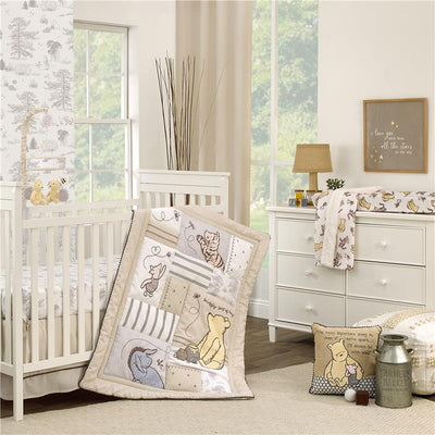 NoJo 3Pk Disney Classic Pooh nursery bedding set featuring a quilt with Pooh, Piglet, and Eeyore in a taupe color scheme.