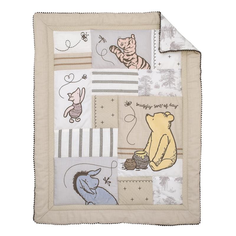 Bedding set featuring Winnie the Pooh, Piglet, and Eeyore in pastel hues, designed for nursery use.