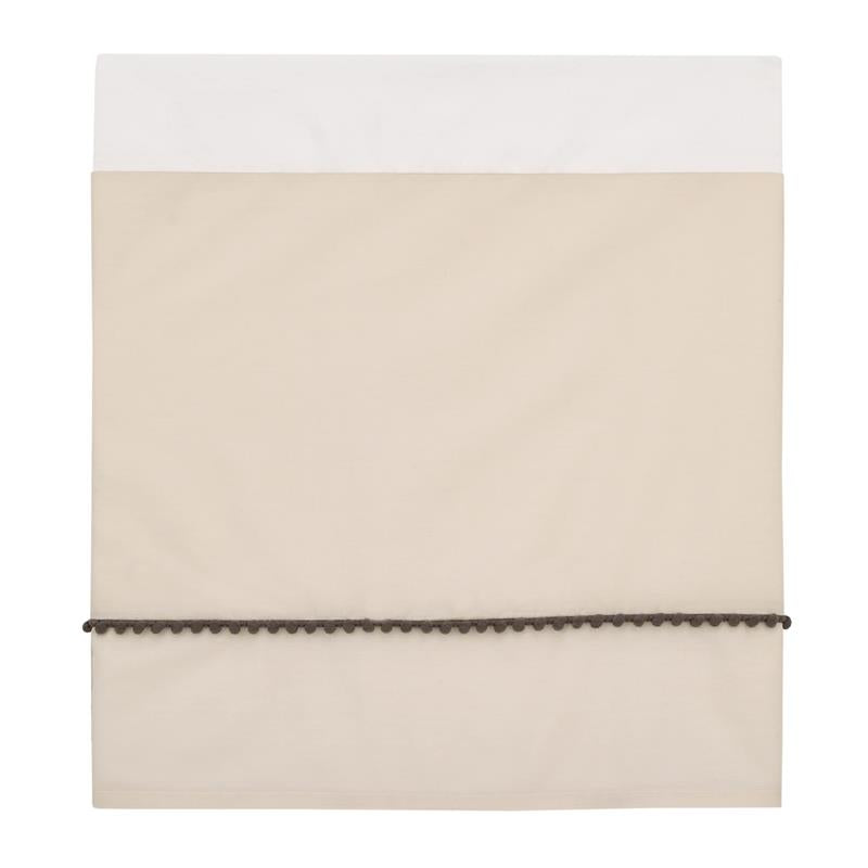 Taupe crib bedding set featuring a white top section and a decorative dark pom-pom trim at the bottom.