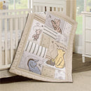 Taupe nursery crib bedding set featuring Winnie the Pooh, Piglet, and Eeyore in patchwork design.