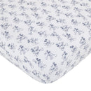 Crib bedding set featuring a white fabric with repeated blue sketch-style Mickey Mouse illustrations.