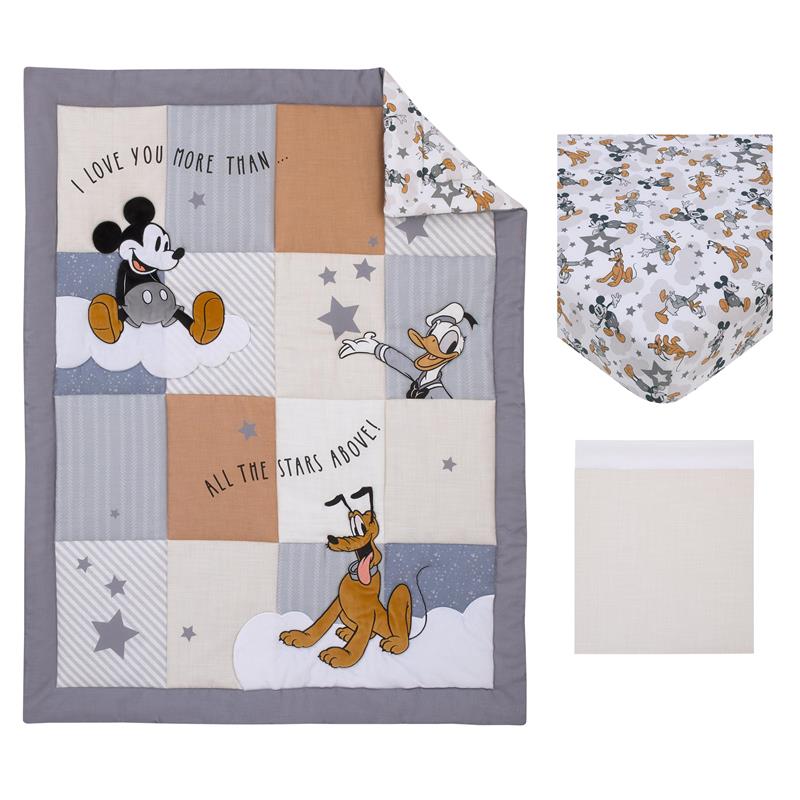 Disney Mickey Mouse nursery crib bedding set featuring a quilt with Mickey, Donald, and Pluto, plus coordinating fitted sheet and dust ruffle.