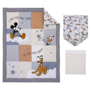 Disney Mickey Mouse nursery crib bedding set featuring a quilt with Mickey, Donald, and Pluto, plus coordinating fitted sheet and dust ruffle.