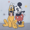Mickey Mouse and Pluto are cheerfully posed together against a light blue background, featuring star accents.