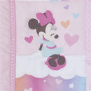 Disney Minnie Mouse in a pink setting, sitting with hearts, featured prominently in the Nojo 3Pk Be Happy Nursery Mini Crib Bedding Set.