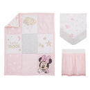 Crib bedding set featuring a quilt with Minnie Mouse, stars, and clouds, along with a fitted sheet and bed skirt.