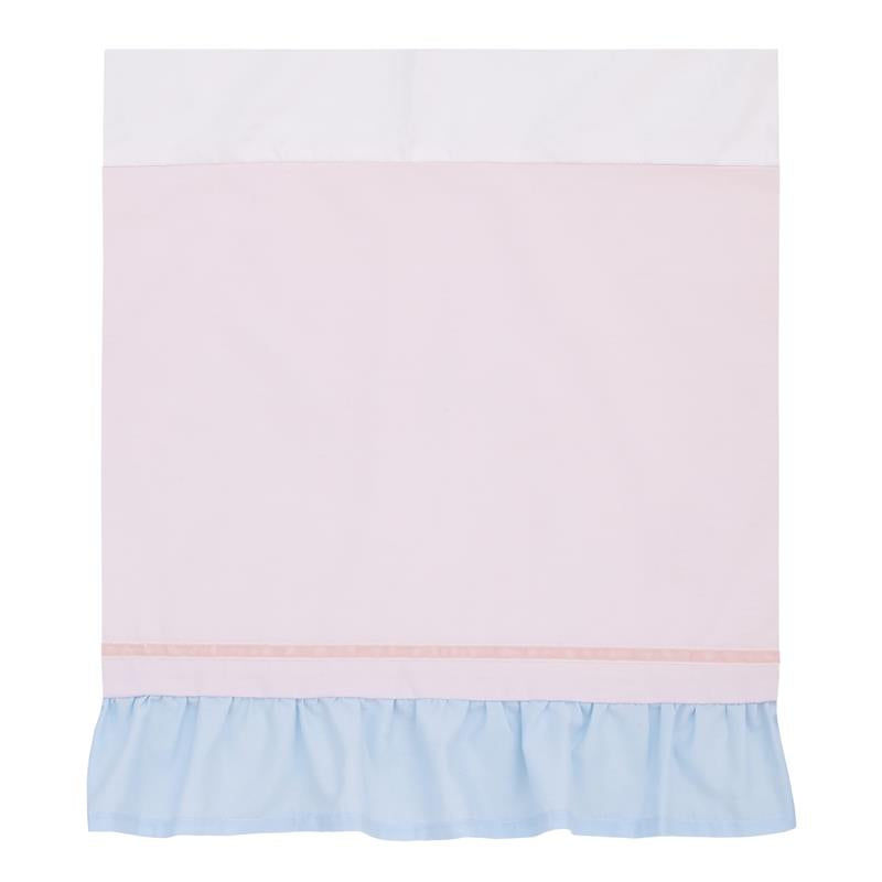 Light blue, pink, and white fabric crib bedding with a ruffled hem, part of the NoJo Disney Sweet Princess collection.