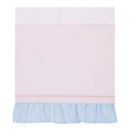 Light blue, pink, and white fabric crib bedding with a ruffled hem, part of the NoJo Disney Sweet Princess collection.