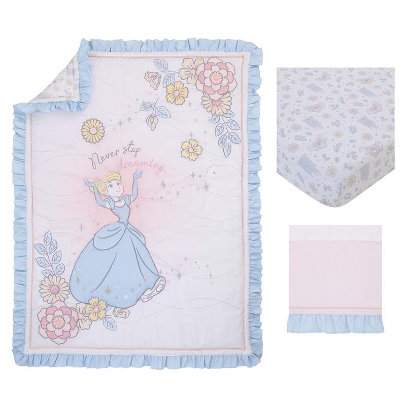 Cinderella-themed nursery bedding set featuring a blanket with ruffled edges, a floral design, and a fitted sheet.