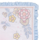Light blue, pink, and white crib bedding set featuring floral patterns, ideal for a Disney princess-themed nursery.