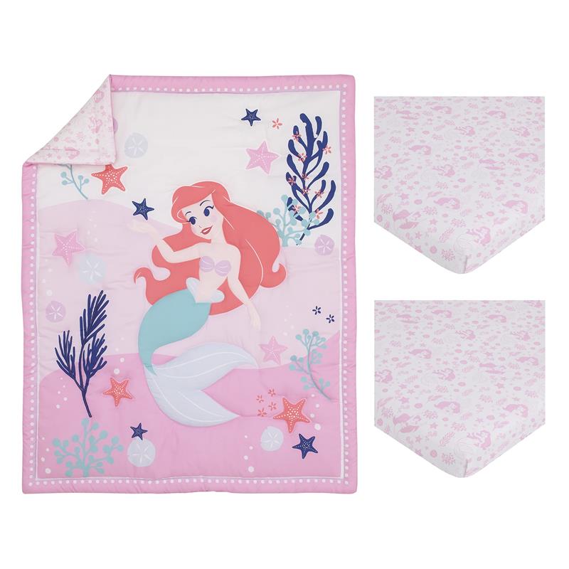Nojo 3Pk Disney The Little Mermaid Ariel Cute Nursery Mini Crib Bedding Set