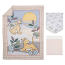 Nursery crib bedding set featuring Lion King characters, including a quilt, fitted sheet, and a printed sheet with animal designs.