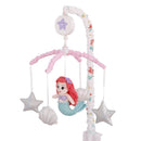 Musical mobile featuring a plush mermaid Ariel, silver star, and shell hanging from a pink and white canopy.