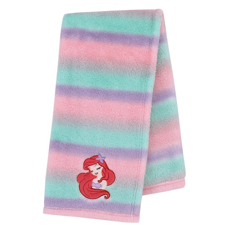 Ombre plush baby blanket featuring pastel pink, green, and purple stripes with an embroidered Ariel character.