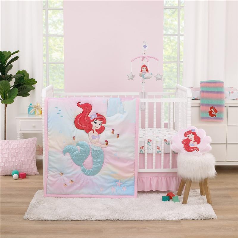 NoJo Disney Ariel Watercolor Wishes Ombre Plush Baby Blanket featuring Ariel, colorful ombre design, in a nursery setting.