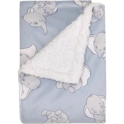 Super soft sherpa baby blanket featuring a whimsical Dumbo print on a light blue background, ideal for infants.