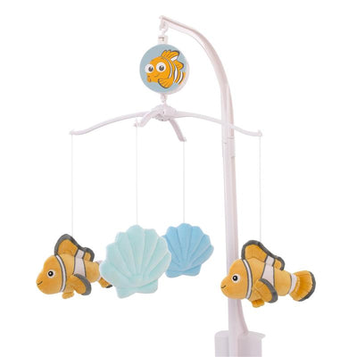 Musical mobile featuring plush Nemo and seashells, designed for infant entertainment and soothing.